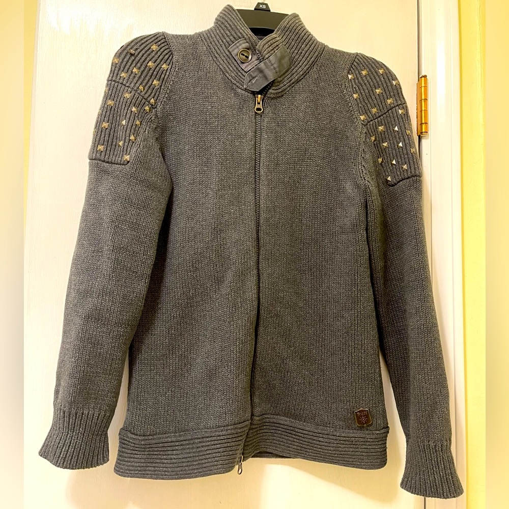 Ruff Hewn Gray Full Zip Heavy Sweater Embellished Metal Studs 100% Cotton Sz Med